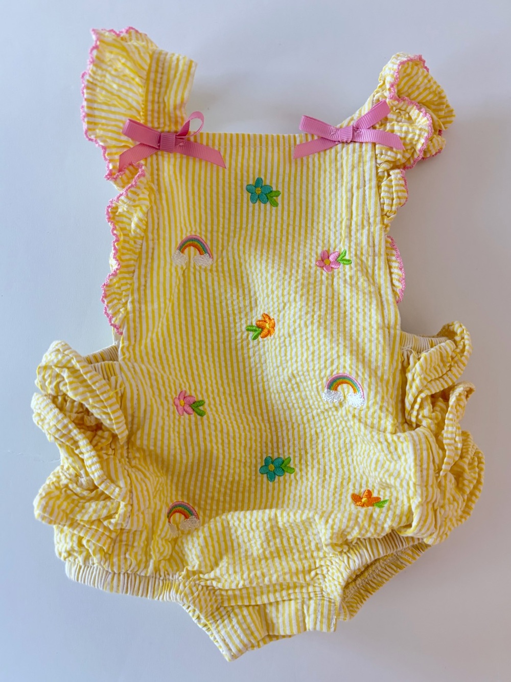 Goodlad Baby Girls Yellow White Seersucker Romper With Rainbows And Flowers 3M